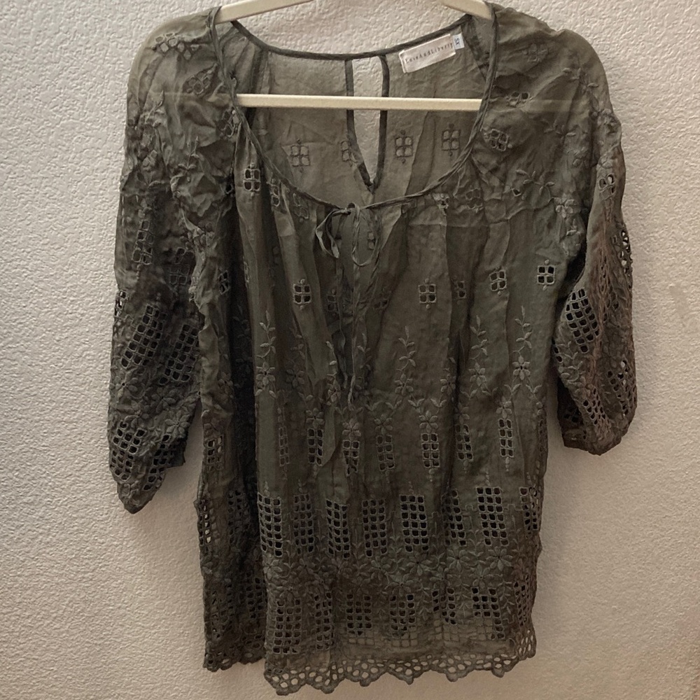 Johnny was 4 love & liberty sheer Olive Lace Blouse silk grunge y2k whimsical xs